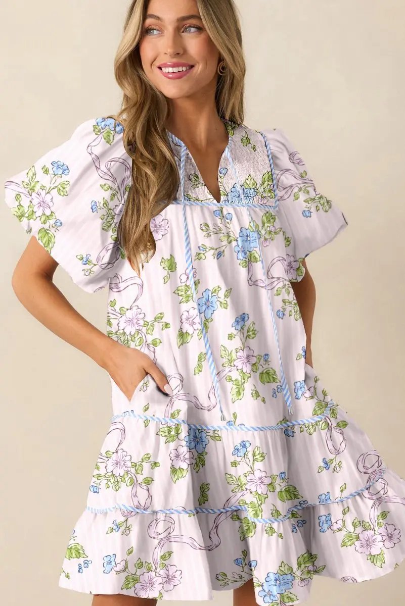 Pink Floral Striped Print Contrast Trim Tie Split Neck Mini Dress - Love Salve